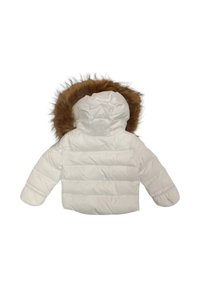 Doudoune blanche avec capuche en fourrure, dotée d'un design matelassé, de poignets élastiques et d'une silhouette épurée pour la chaleur et le confort.