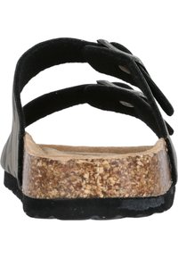 Schwarze Sandale mit zwei verstellbaren Riemen, Korkfußbett, strukturiertem Sohlen und einem robusten Design für Komfort und Stabilität.