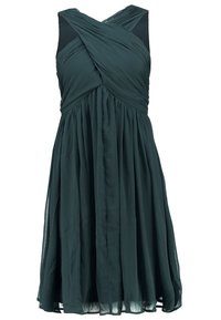 Robe sans manches vert foncé avec corsage froncé à effet croisé et jupe fluide plissée, longueur genou.