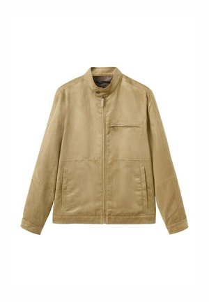 Miesten beige mokkatakki pystokauluksella, etuvetoketjulla, yhdellä rintataskulla, jossa on vetoketju, sekä kahdella sivutaskulla.