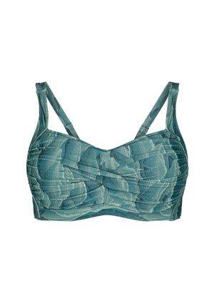 Roheline bralette, millel on lehepaar, rikuud disain, reguleeritavad rihmad ja sile tekstuur, sobib rannale või igapäevaseks kandmiseks.