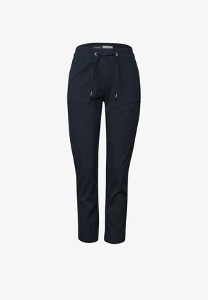 Pantalons cropped bleu marine en tissu doux, dotés d'une taille élastique avec cordon de serrage et de deux poches latérales avec des accents zippés.