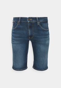 Shorts de mezclilla en azul oscuro, con un diseño clásico de cinco bolsillos, dobladillo enrollado y costuras en contraste. Cierre de botón en la cintura.