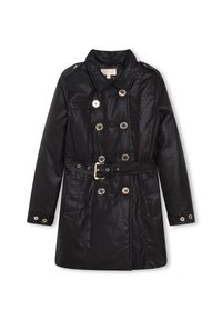 Czarny płaszcz trencz o błyszczącym wykończeniu, zapinany na dwa rzędy guzików, z dwoma przednimi kieszeniami, paskiem w talii i złotymi guzikami.