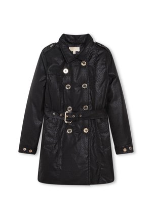 Trench nero con finitura lucida, design doppiopetto, due tasche frontali, vita con cintura e bottoni color oro.