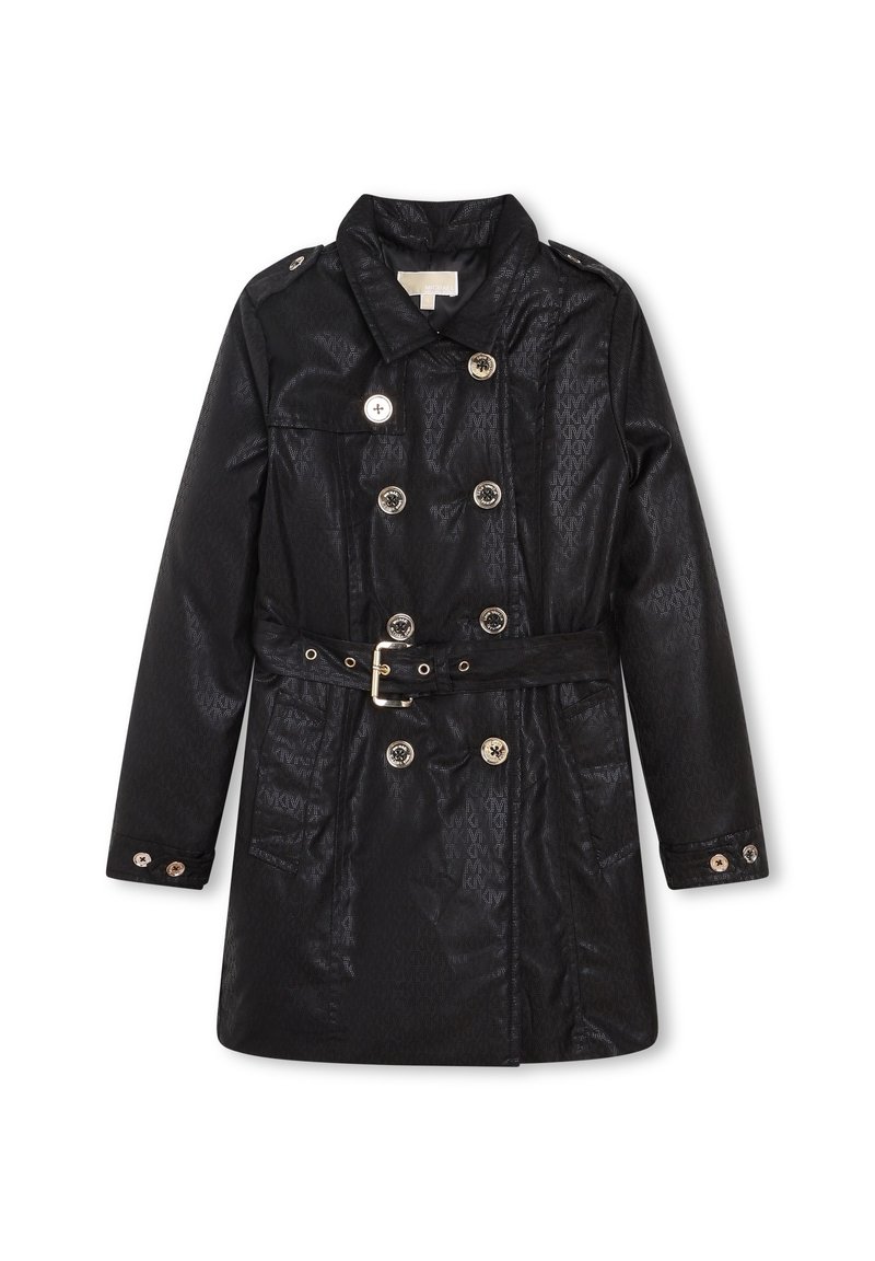 Czarny płaszcz trencz o błyszczącym wykończeniu, zapinany na dwa rzędy guzików, z dwoma przednimi kieszeniami, paskiem w talii i złotymi guzikami.