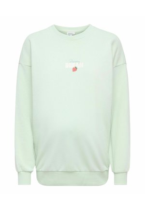 Lysegrønn crewneck-genser med ribbede mansjetter og kant, lite jordbærgrafikk og ordet «DREAM» på brystet.