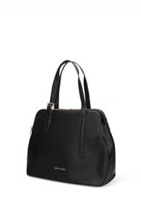 Borsa nera in pelle con superficie testurizzata, cerniera color oro, due manici lunghi e logo impresso sul fondo.