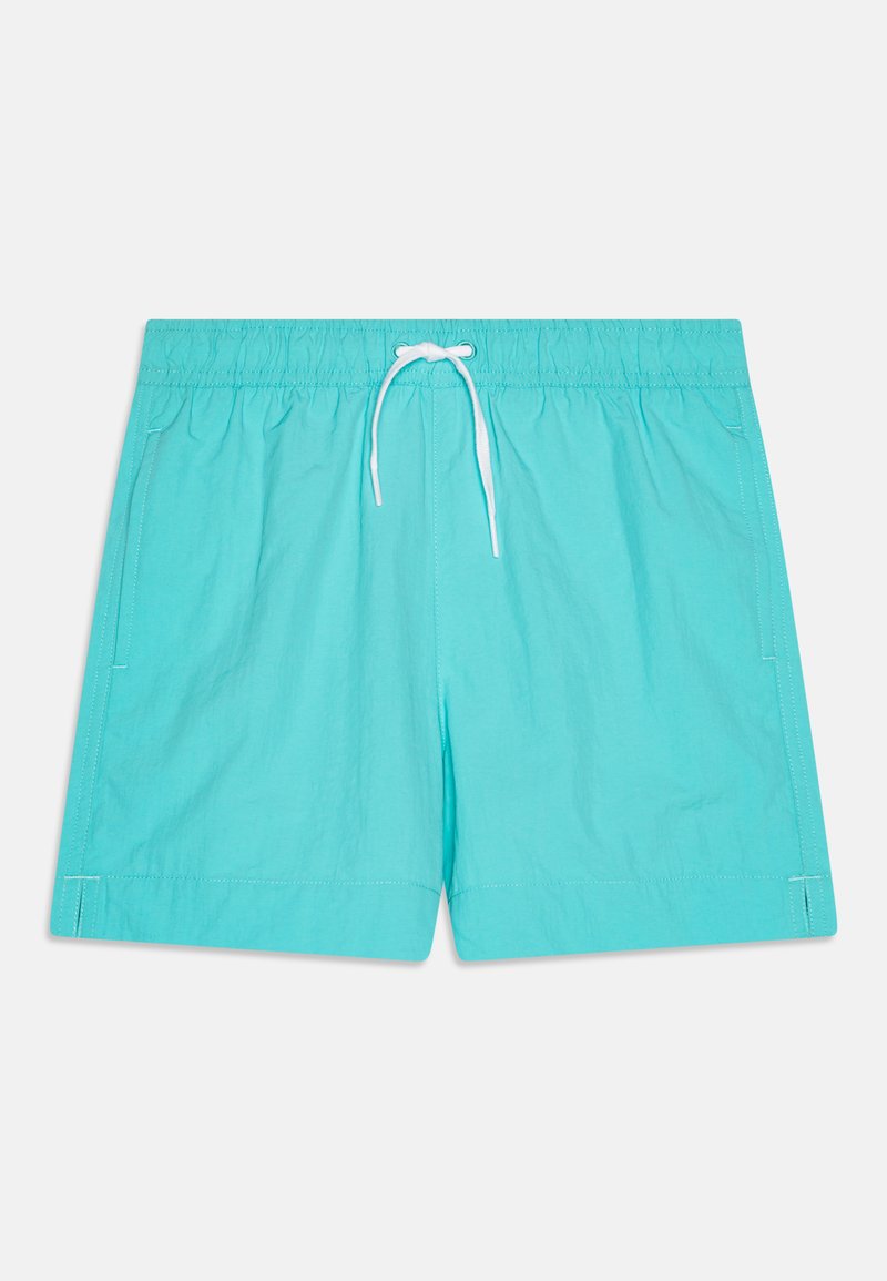 Tyrkysové plavky na plávanie s elastickým pásom, bielou šnúrkou na stiahnutie, bočnými vreckami a kontrastným prešívaním na leme.