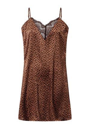 Braun gemustertes Leopardenkleid aus Satin, mit einem V-Ausschnitt mit Spitzenbesatz und verstellbaren Trägern. Lässige Passform und knielang.