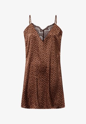 Brown leopard print dress made of satin fabric, featuring a V-neckline with lace trim and adjustable straps. Casual fit and knee-length.