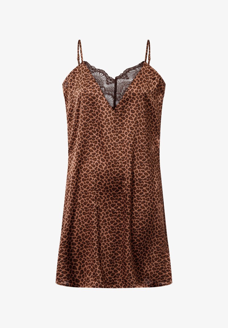 Bruin luipaardprint jurk van satijnstof, met een V-halslijn met kantafwerking en verstelbare bandschouder. Casual pasvorm en knielengte.