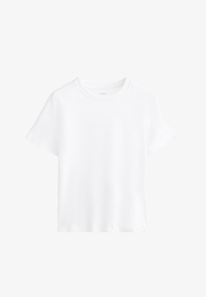 Vit bomulls t-shirt, korta ärmar, rund halsringning, avslappnad passform, slät textur, utan mönster eller detaljer, enkel design, mångsidig stil.