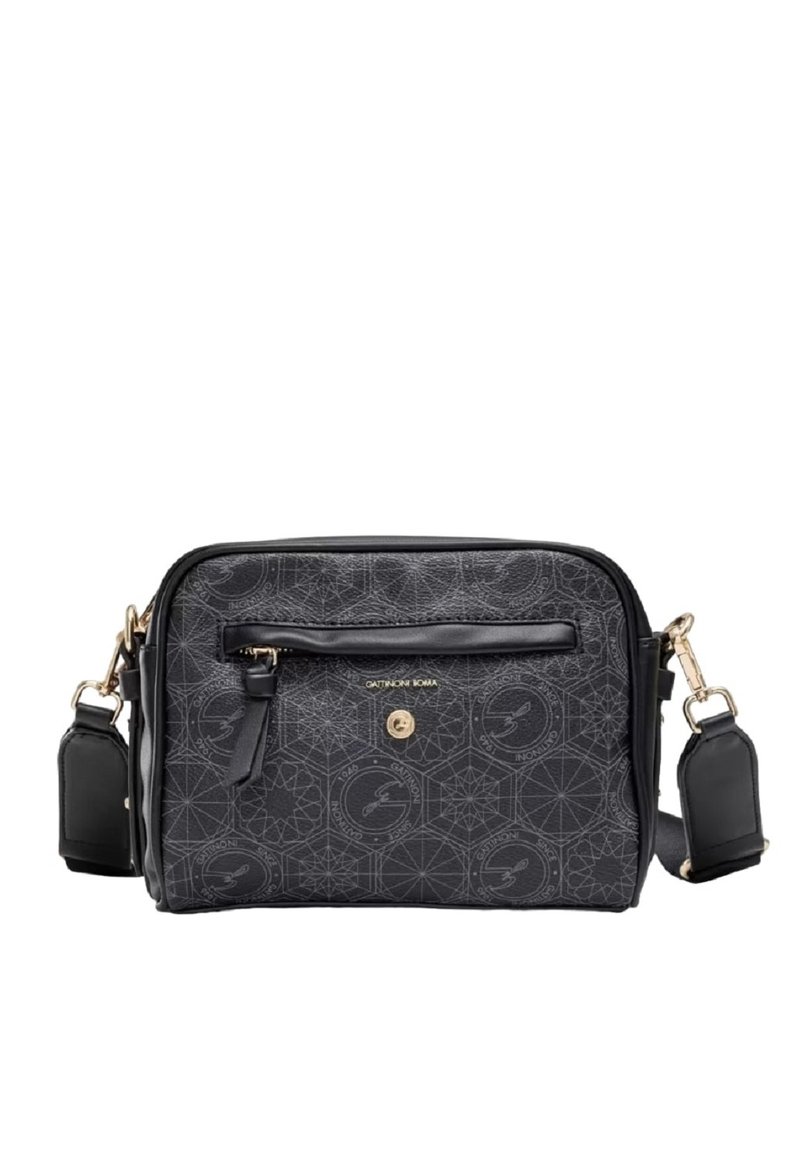 Mustavälinen keinonahkainen olkalaukku, jossa on geometrinen kohokuvioitu kuosi, kultaiset yksityiskohdat, edessä vetoketjullinen tasku ja säädettävä olkahihna. Silkkinen pinta.