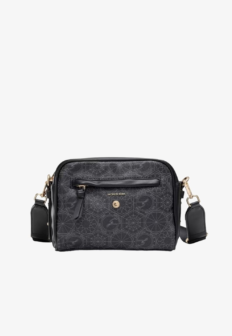 Mustavälinen keinonahkainen olkalaukku, jossa on geometrinen kohokuvioitu kuosi, kultaiset yksityiskohdat, edessä vetoketjullinen tasku ja säädettävä olkahihna. Silkkinen pinta.