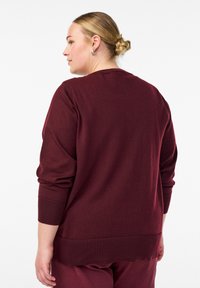 Bordeauxroter Pullover aus weichem Stoff, mit rundem Ausschnitt und gerippten Bündchen. Der Rücken ist locker geschnitten und hat einen geraden Saum.