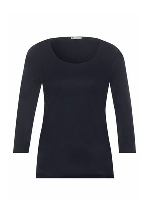 Navyblaues Langarmoberteil mit rundem Ausschnitt, aus weichem Stoff. Verfügt über eine taillierte Form und ein minimalistisches Design ohne zusätzliche Muster.