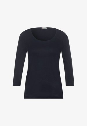 Navyblaues Langarmoberteil mit rundem Ausschnitt, aus weichem Stoff. Verfügt über eine taillierte Form und ein minimalistisches Design ohne zusätzliche Muster.