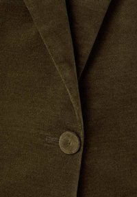 Blazer di un verde oliva scuro con una finitura morbida e testurizzata, dotato di chiusura a bottone rotondo e rever affilati.