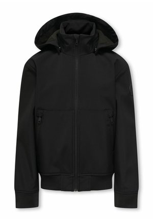 Veste noire à capuche avec fermeture éclair à l'avant et poches latérales zippées, poignets et ourlet côtelés, présentée à plat sur fond blanc.