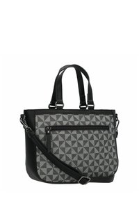 Sac fourre-tout noir et gris avec un motif géométrique, deux poignées robustes, une bandoulière amovible et une poche zippée à l'avant. Matériau synthétique texturé.