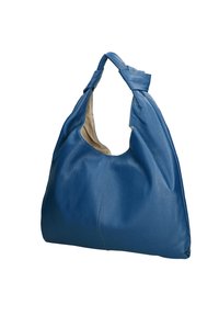 Blauwe lederen hobo tas met een gestructureerd oppervlak, een geknoopte strap en een grote opening. Heeft een binnenvoering in een contrasterende kleur.