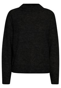 Pull en tricot noir avec un col montant, des épaules tombantes et une coupe décontractée. Présente une texture douce et un ourlet côtelé.