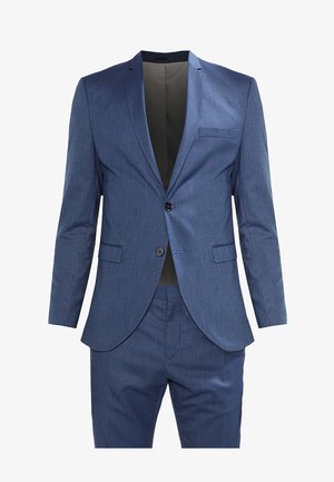 Blaues Anzugset mit strukturiertem Stoff, Ein-Knopf-Verschluss und schmalem Revers. Die Hose ist mit einem klaren Frontdesign ausgestattet.