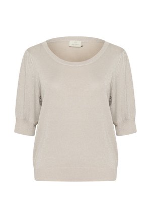 Light gray, short-sleeved sweater with a scoop neckline, made of soft, textured fabric with a subtle shimmer. Slightly loose fit.