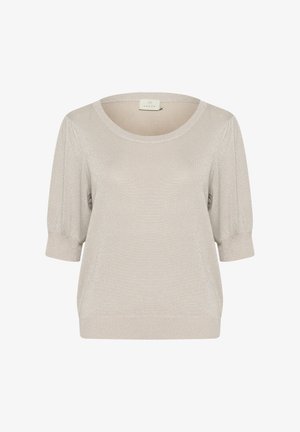 Light gray, short-sleeved sweater with a scoop neckline, made of soft, textured fabric with a subtle shimmer. Slightly loose fit.