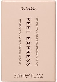 Peel Express maskerdoos in zacht roze, met gedurfde zwarte tekst. Bevat "Hernieuwende en hydraterende masker" en 30ml/1FL.OZ details.