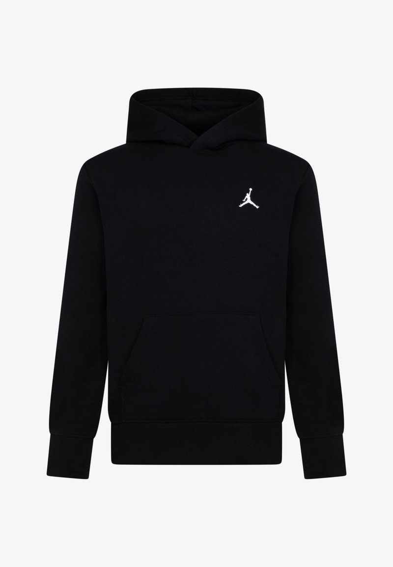 Juodas džemperis pagamintas iš minkštos medžiagos, turintis kengūros stilius kišenę, guma apyrankes ir baltą Jumpman logotipą ant krūtinės.
