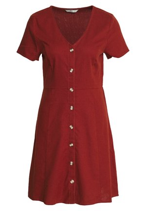 Short-sleeve, knee-length red dress with V-neck and a front row of beige buttons.