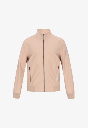 Lysebeige jakke med stående krave, sidelommer med lynlås og ribbede manchetter. Fremstillet af glat, strækbart stof med en tætsiddende pasform.