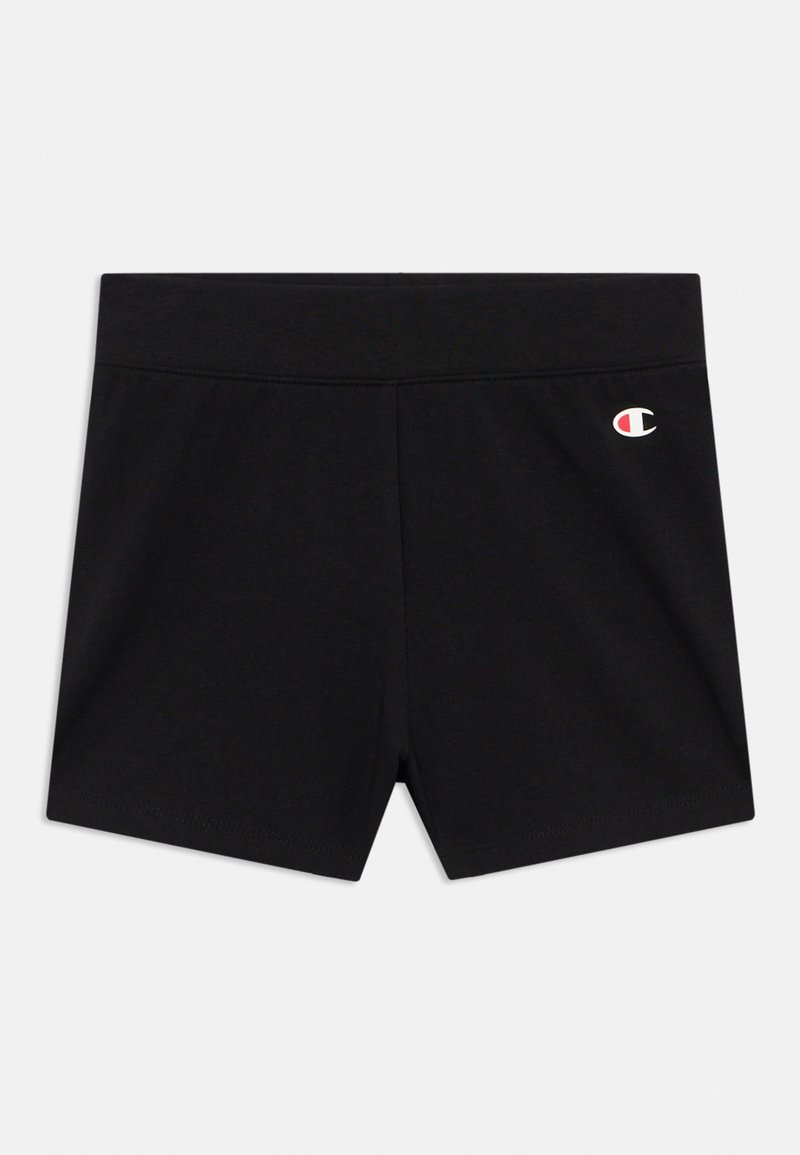 Μαύρα αθλητικά σορτς από λείο, ελαστικό ύφασμα. Διαθέτουν ελαστική μέση και μικρό λογότυπο Champion σε κόκκινο και λευκό.