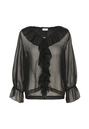Zwarte doorschijnende blouse met gerimpelde halslijn en voorkant, lange mouwen met gerimpelde manchetten en een iets losse pasvorm, gemaakt van lichtgewicht stof.