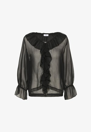 Blouse noire transparente avec un col et un devant à volants, manches longues avec des poignets à volants et une coupe légèrement ample, fabriquée à partir d'un tissu léger.