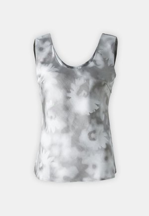 Bezramionkowy top w szarym i białym kwiatowym wzorze, wykonany z gładkiego materiału, z okrągłym dekoltem i minimalistycznym designem.