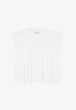 Weißes kurzärmeliges Oberteil mit strukturiertem, drapiertem Design. Aus glattem Baumwollstoff gefertigt und mit einem runden Ausschnitt für einen minimalistischen Look.