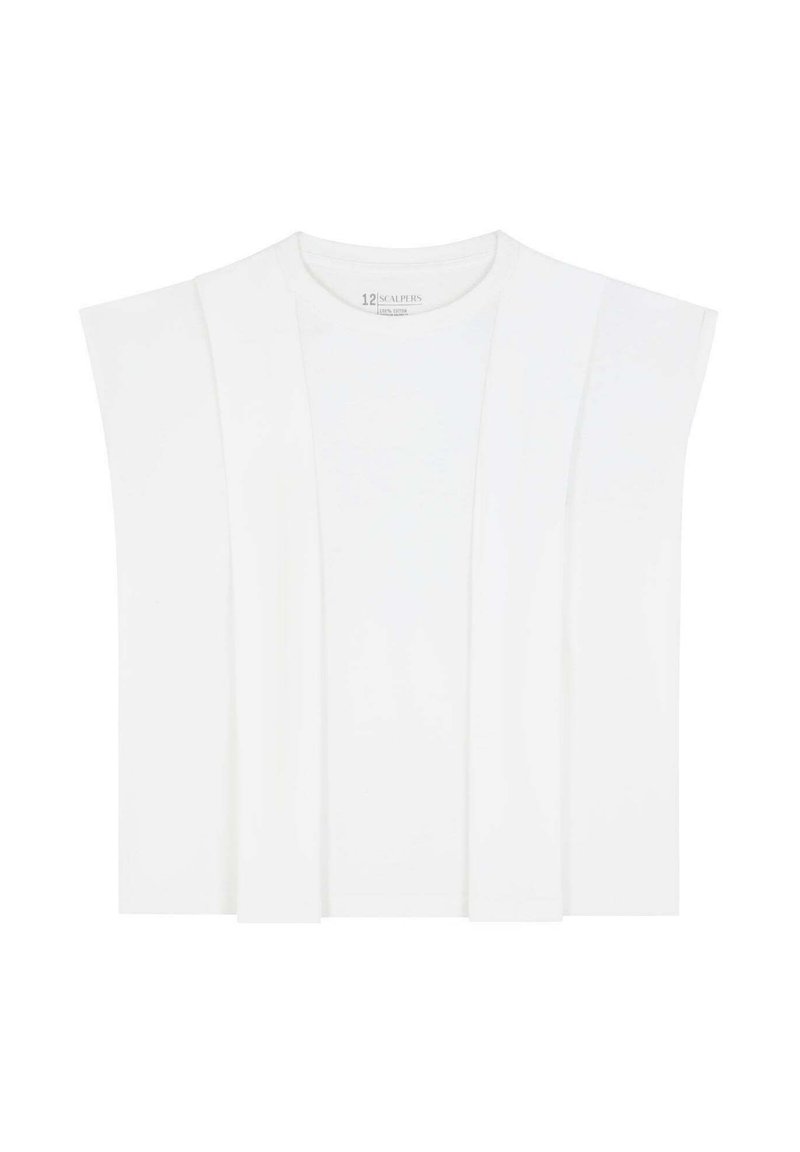 Top bianco a maniche corte con design strutturato e drappeggiato. Realizzato in morbido cotone, presenta un collo rotondo che crea un look minimalista.