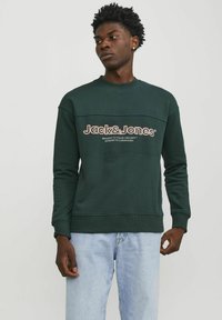 Sudadera verde oscura con cuello redondo, que presenta una banda de logo en contraste en el pecho y puños y dobladillo acanalados. Ajuste casual.