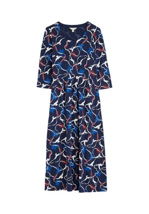 Robe midi bleu marine avec des manches 3/4, présentant un motif abstrait en blanc, bleu et bordeaux, avec une taille froncée.