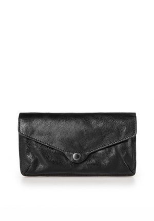 Black leather wallet with an envelope-style flap, featuring a snap closure and smooth texture. Simple design with no visible patterns or accents.