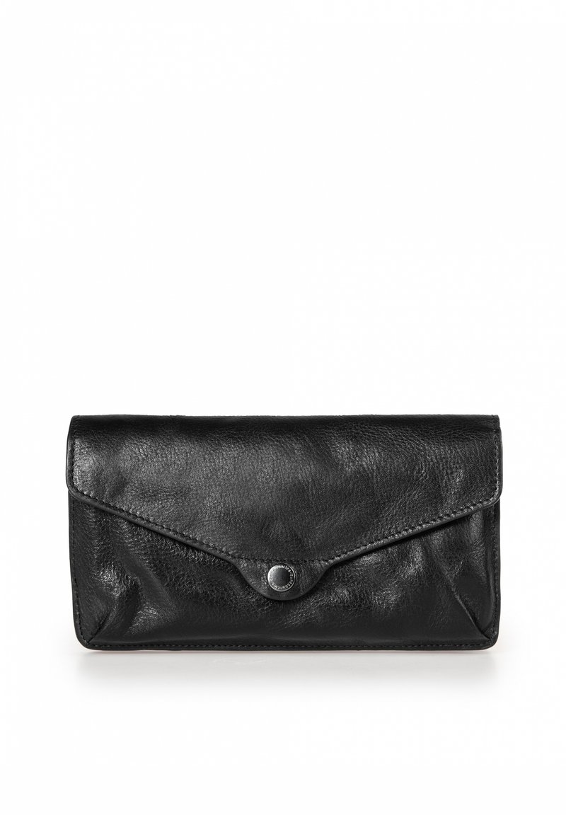 Portafoglio in pelle nera con una patta in stile busta, dotato di chiusura con pressione e texture liscia. Design semplice senza motivi o dettagli visibili.