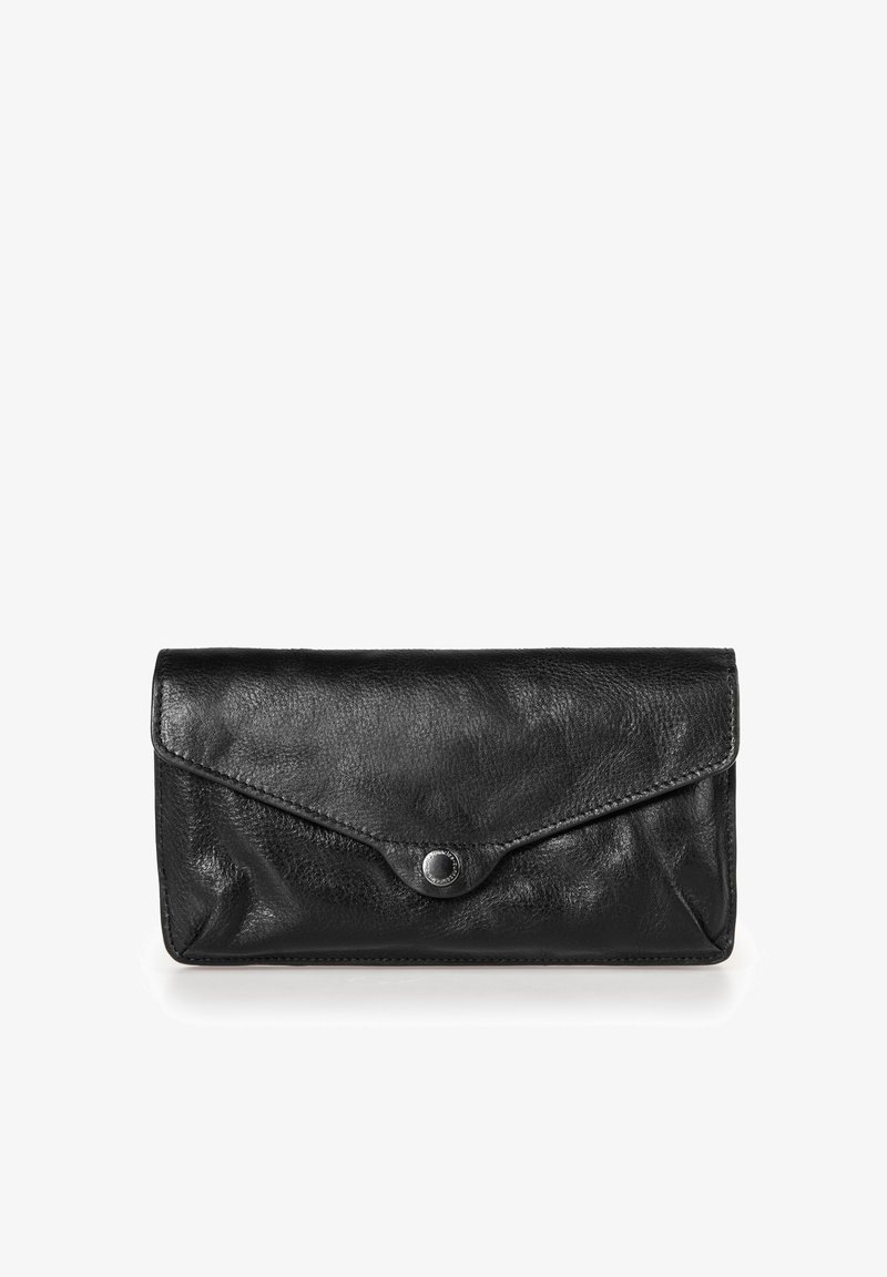 Portafoglio in pelle nera con una patta in stile busta, dotato di chiusura con pressione e texture liscia. Design semplice senza motivi o dettagli visibili.