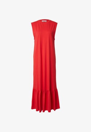 Rode mouwloze maxi-jurk van zacht stof, met een uitlopende gerimpelde zoom en een eenvoudige, rechte lijn.