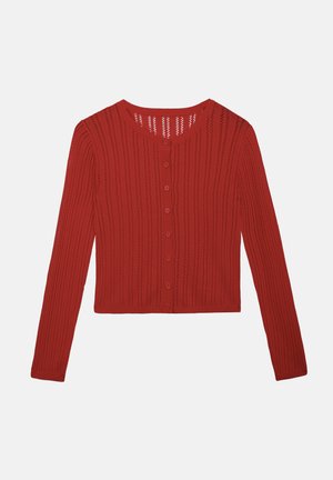 Red long-sleeve knit cardigan with vertical open-knit stripes and front button closure.