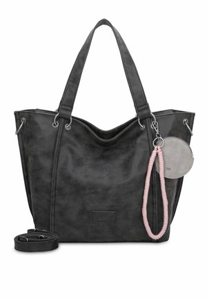 Bolso tote de cuero sintético negro con doble asa, apertura superior y herrajes plateados. Incluye un estuche redondo gris desmontable con una correa rosa.