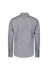Patroon op lange mouwen blouse in blauw en wit, met een geometrisch ontwerp, knoopmanchetten en een klassieke kraag.