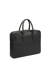 Sort læder laptop taske med dobbelt top-hænder, dobbelte lynlåse, en glat tekstur og en flad baglomme til ekstra opbevaring.